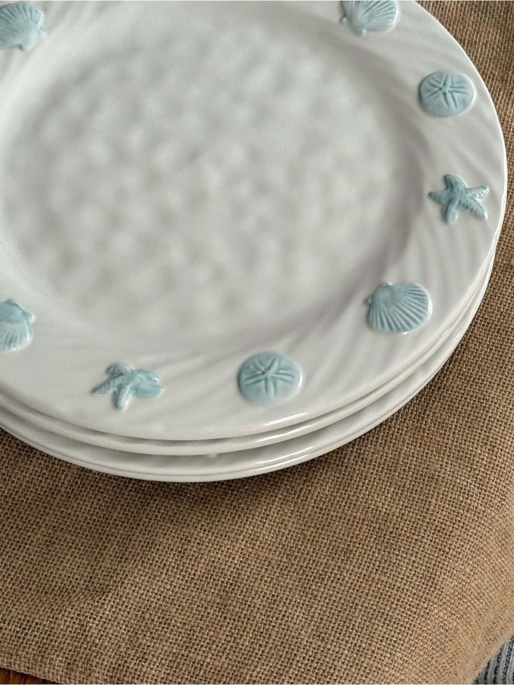 Coastal Shell Ceramic Dinner Plate – White with Light Blue Accents